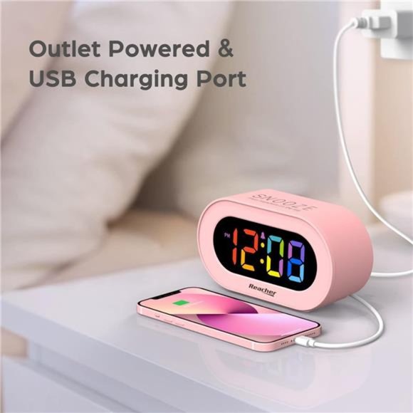 Pink Girls Alarm Clock, Dimmable Colorful LED Digital Display, USB Phone Charger - Picture 3 of 7